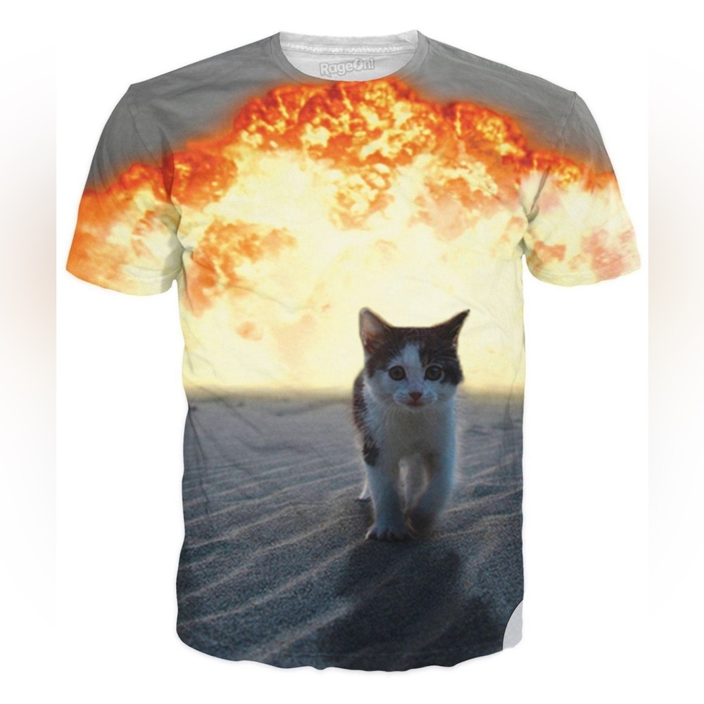 NEW Funny Cute Kitty Cat Explosion Fire Flames T-Shirt